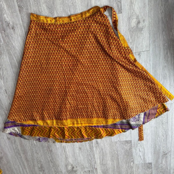 Dresses & Skirts - Boho Reversible Silk Blend Wrap Skirt Mustard Yellow Floral Chevron Paisley